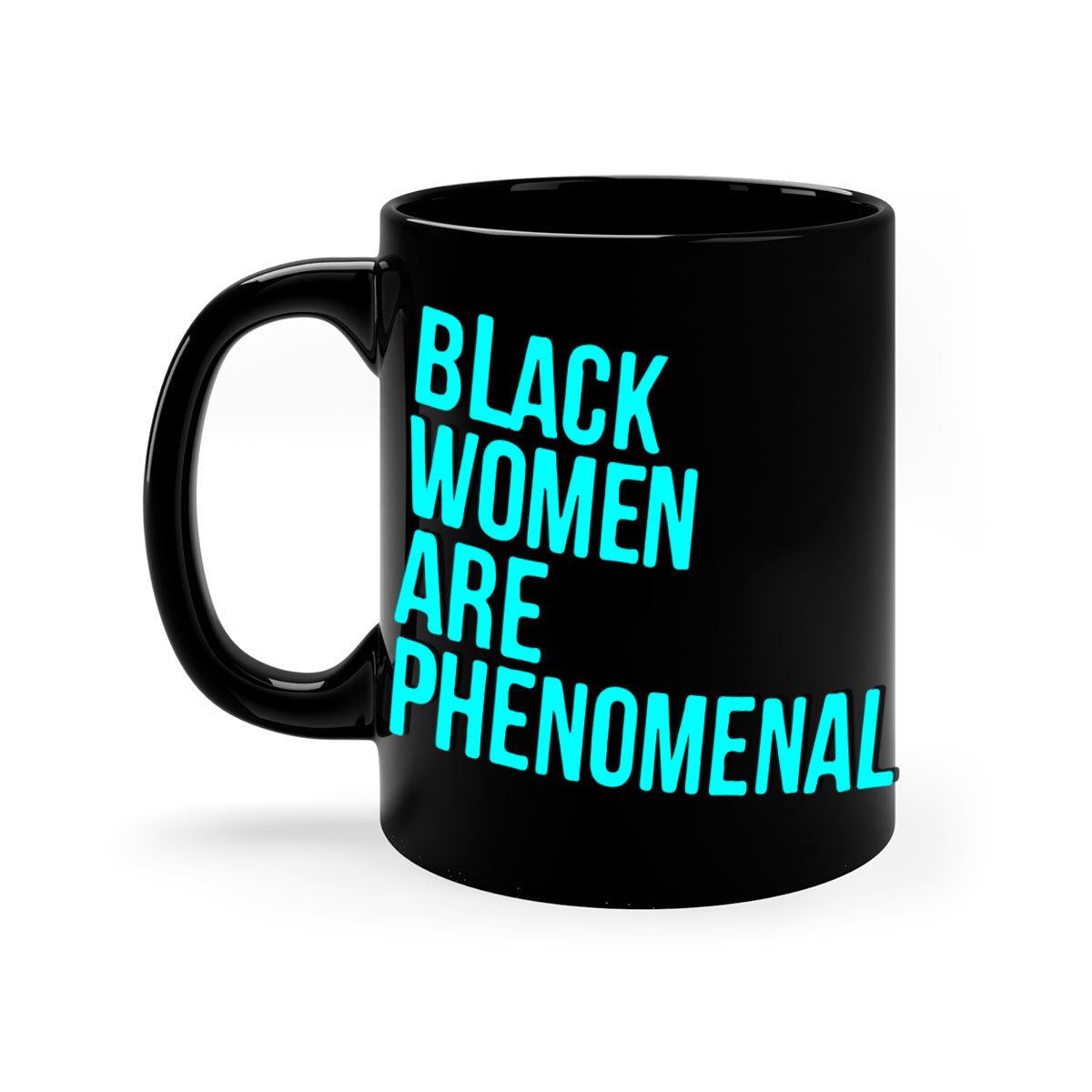 A stylish black woman are phenomenal color 216# mug featuring a glossy finish, colored handle, and interior, available in multiple colors.