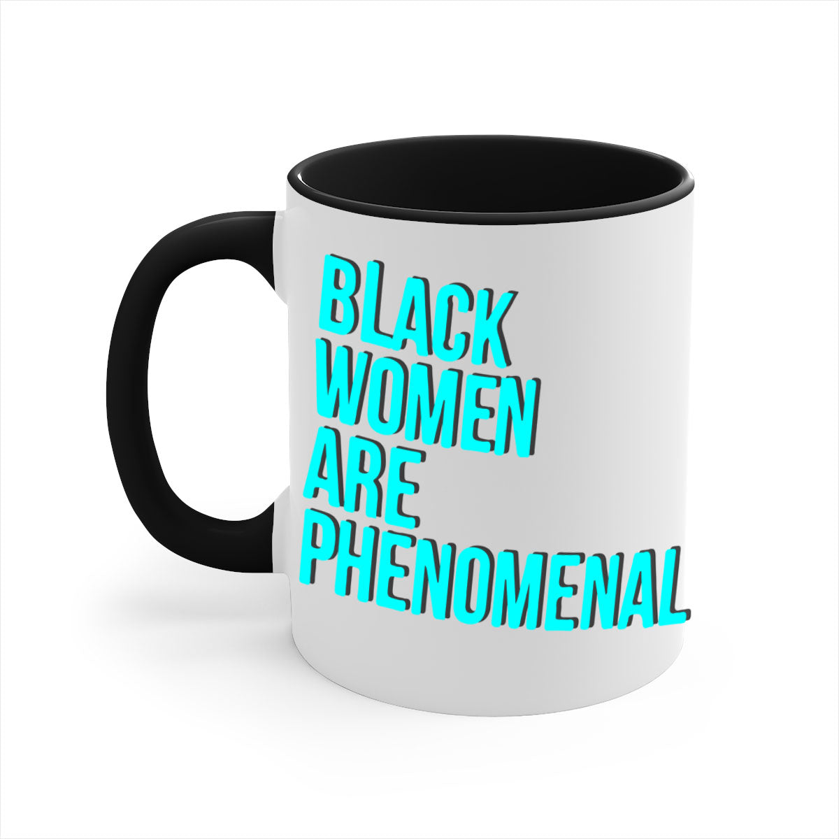 A stylish black woman are phenomenal color 216# mug featuring a glossy finish, colored handle, and interior, available in multiple colors.