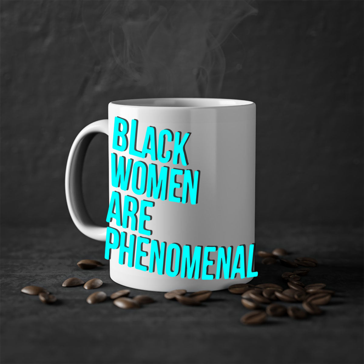 A stylish black woman are phenomenal color 216# mug featuring a glossy finish, colored handle, and interior, available in multiple colors.