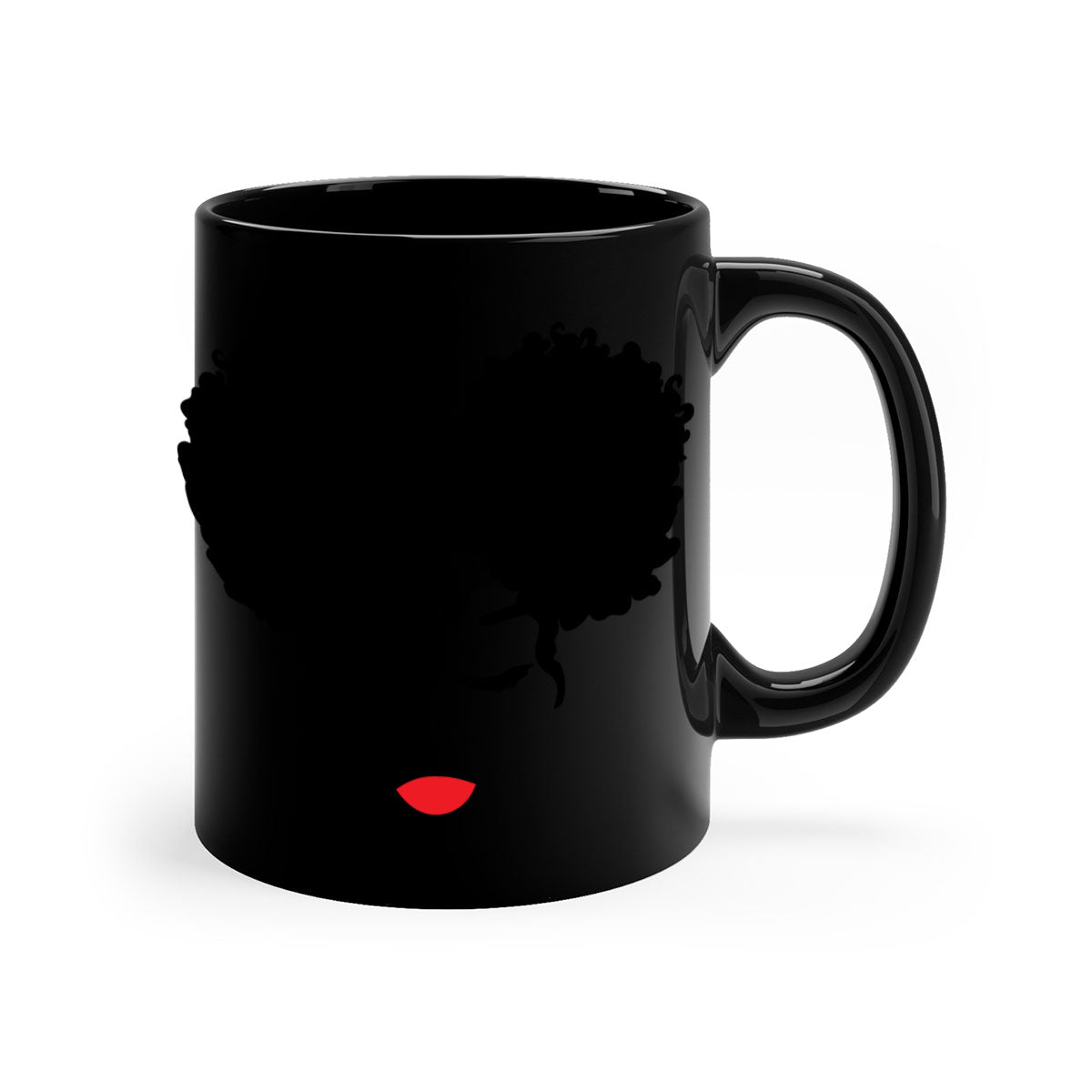 Black Woman Red Lips Mug featuring a glossy finish, colored handle, and vibrant red lips design, available in multiple colors.