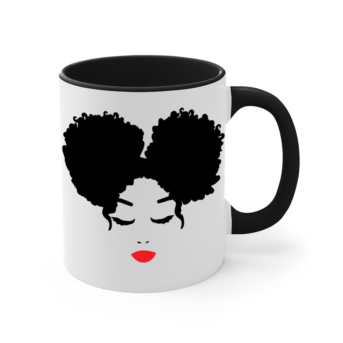 Black Woman Red Lips Mug featuring a glossy finish, colored handle, and vibrant red lips design, available in multiple colors.