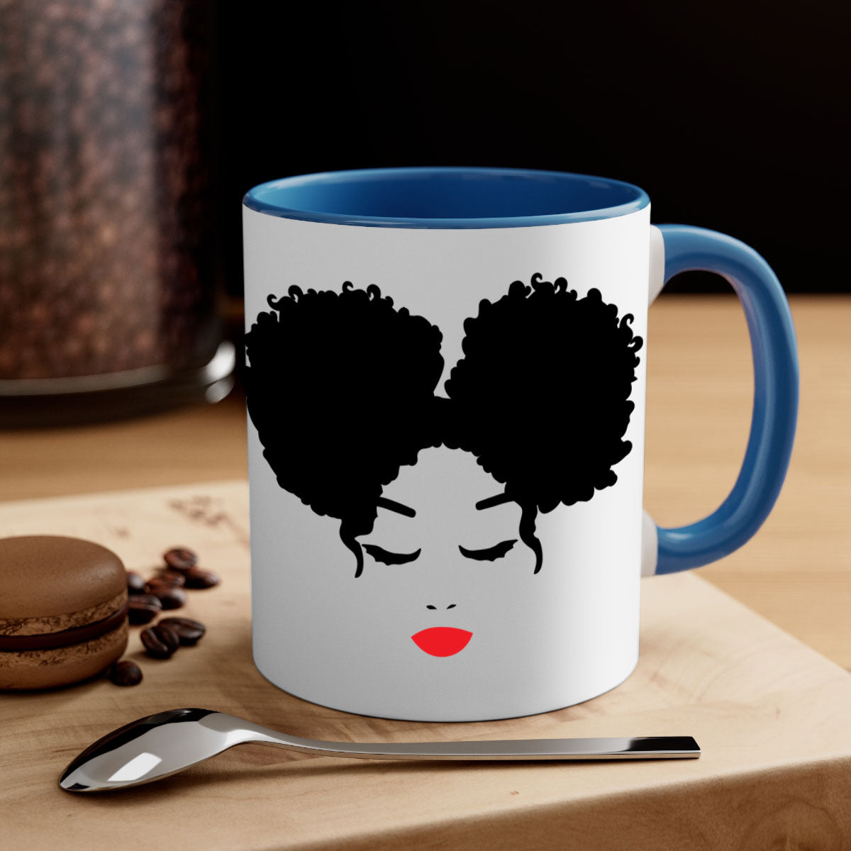 Black Woman Red Lips Mug featuring a glossy finish, colored handle, and vibrant red lips design, available in multiple colors.