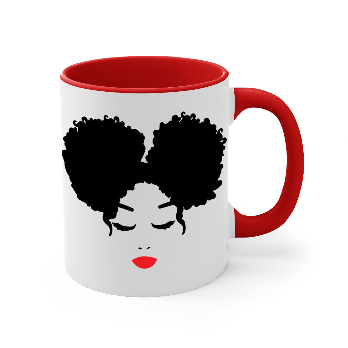 Black Woman Red Lips Mug featuring a glossy finish, colored handle, and vibrant red lips design, available in multiple colors.