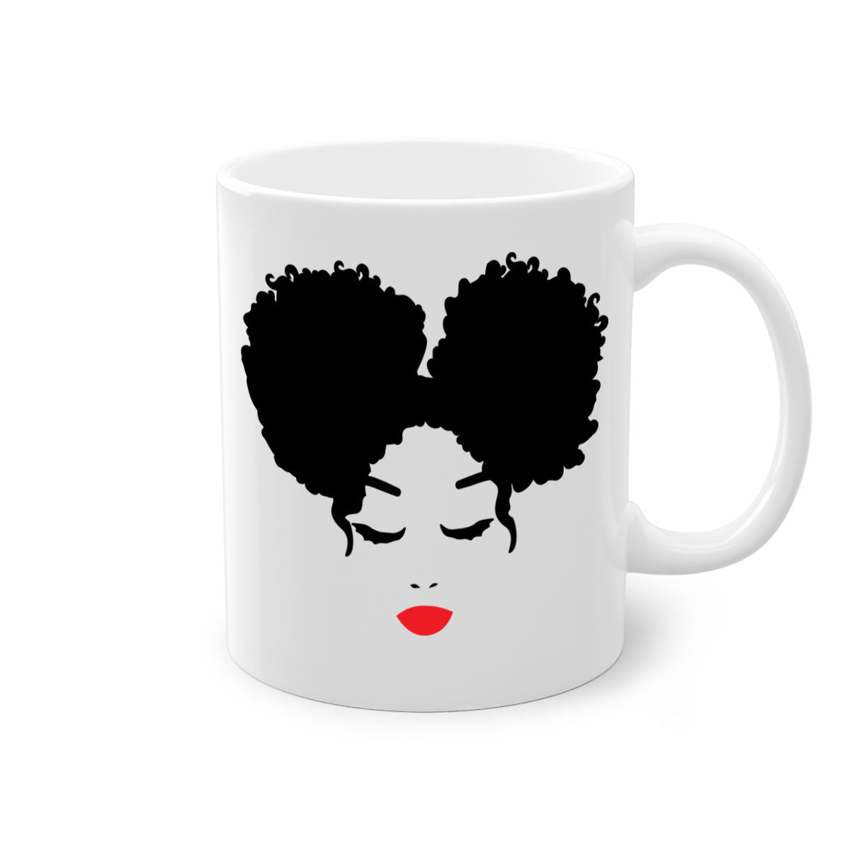 Black Woman Red Lips Mug featuring a glossy finish, colored handle, and vibrant red lips design, available in multiple colors.