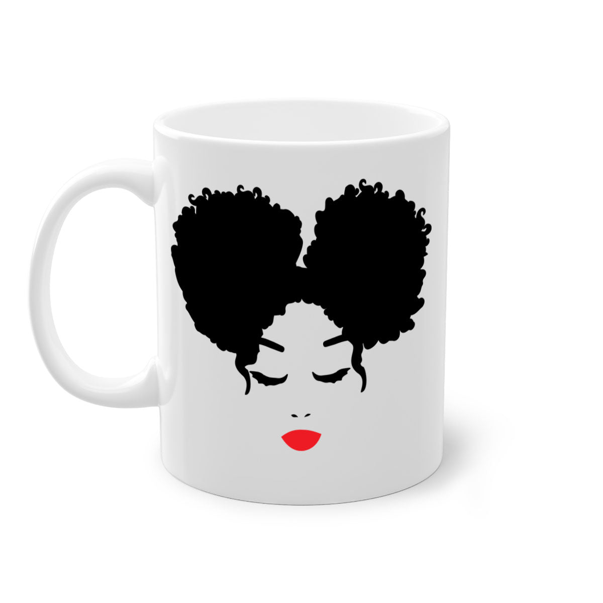 Black Woman Red Lips Mug featuring a glossy finish, colored handle, and vibrant red lips design, available in multiple colors.