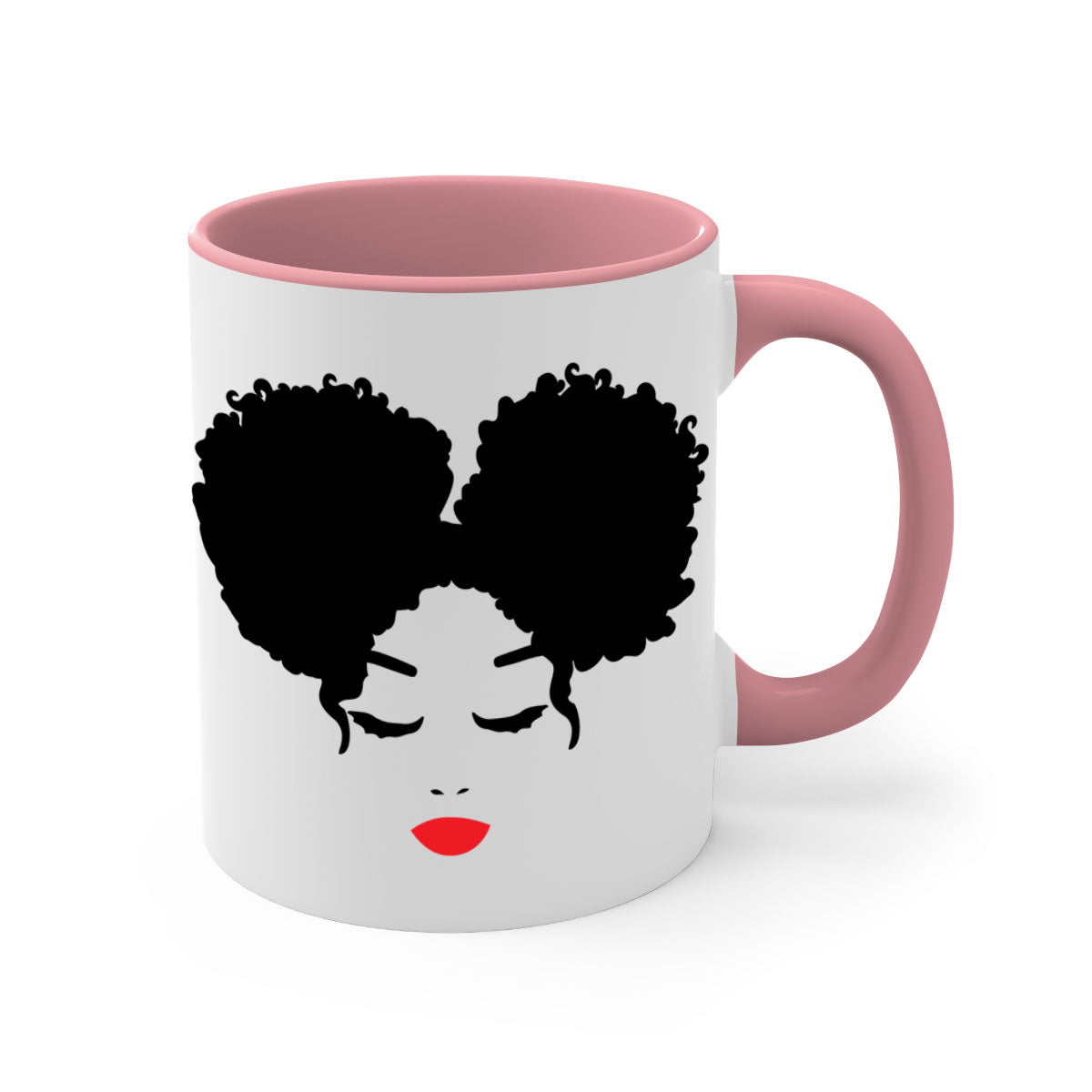 Black Woman Red Lips Mug featuring a glossy finish, colored handle, and vibrant red lips design, available in multiple colors.