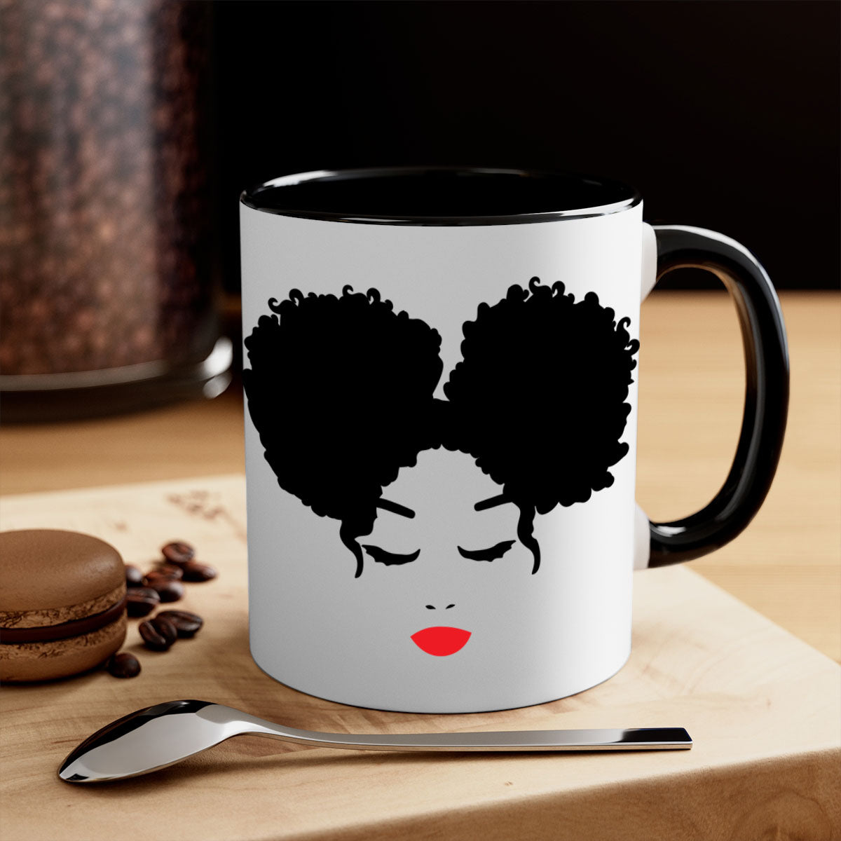 Black Woman Red Lips Mug featuring a glossy finish, colored handle, and vibrant red lips design, available in multiple colors.