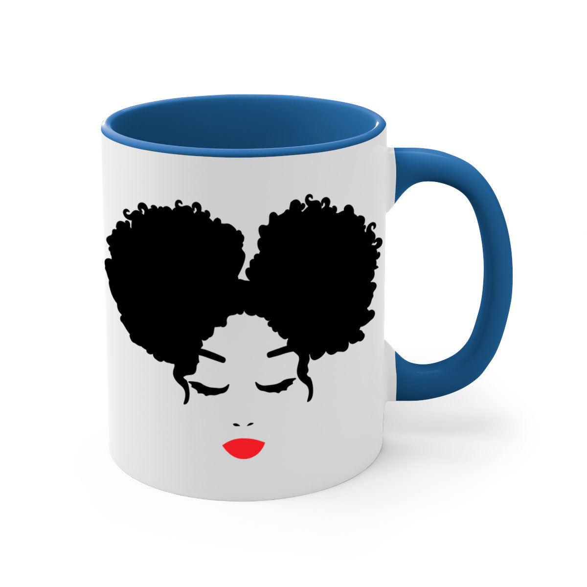 Black Woman Red Lips Mug featuring a glossy finish, colored handle, and vibrant red lips design, available in multiple colors.