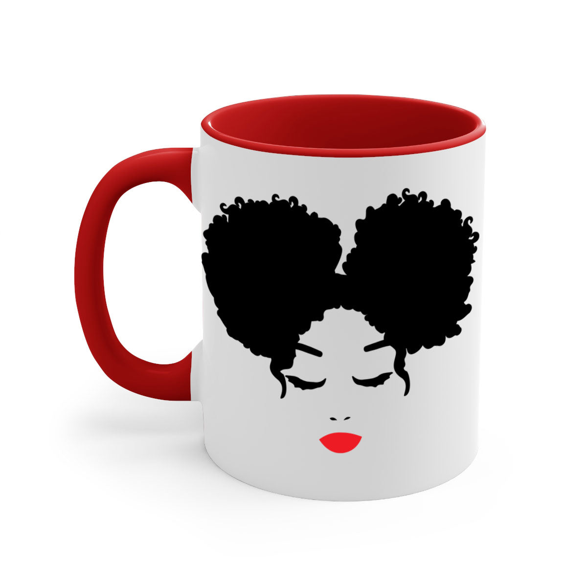 Black Woman Red Lips Mug featuring a glossy finish, colored handle, and vibrant red lips design, available in multiple colors.