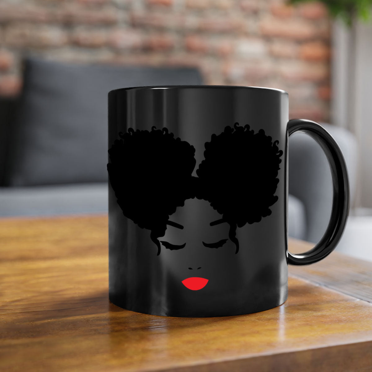 Black Woman Red Lips Mug featuring a glossy finish, colored handle, and vibrant red lips design, available in multiple colors.