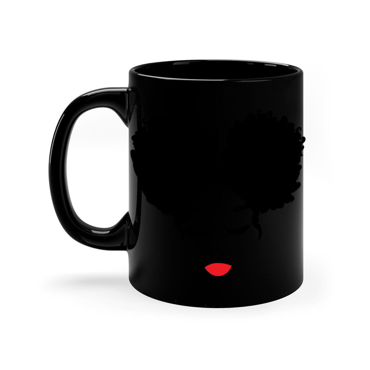 Black Woman Red Lips Mug featuring a glossy finish, colored handle, and vibrant red lips design, available in multiple colors.