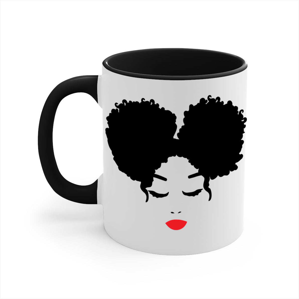 Black Woman Red Lips Mug featuring a glossy finish, colored handle, and vibrant red lips design, available in multiple colors.