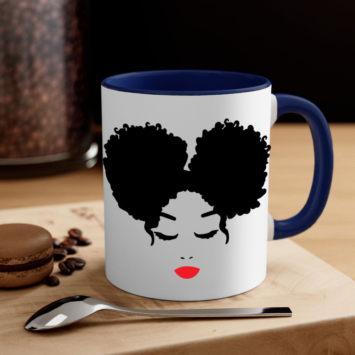 Black Woman Red Lips Mug featuring a glossy finish, colored handle, and vibrant red lips design, available in multiple colors.