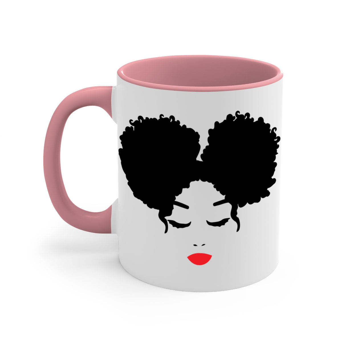 Black Woman Red Lips Mug featuring a glossy finish, colored handle, and vibrant red lips design, available in multiple colors.