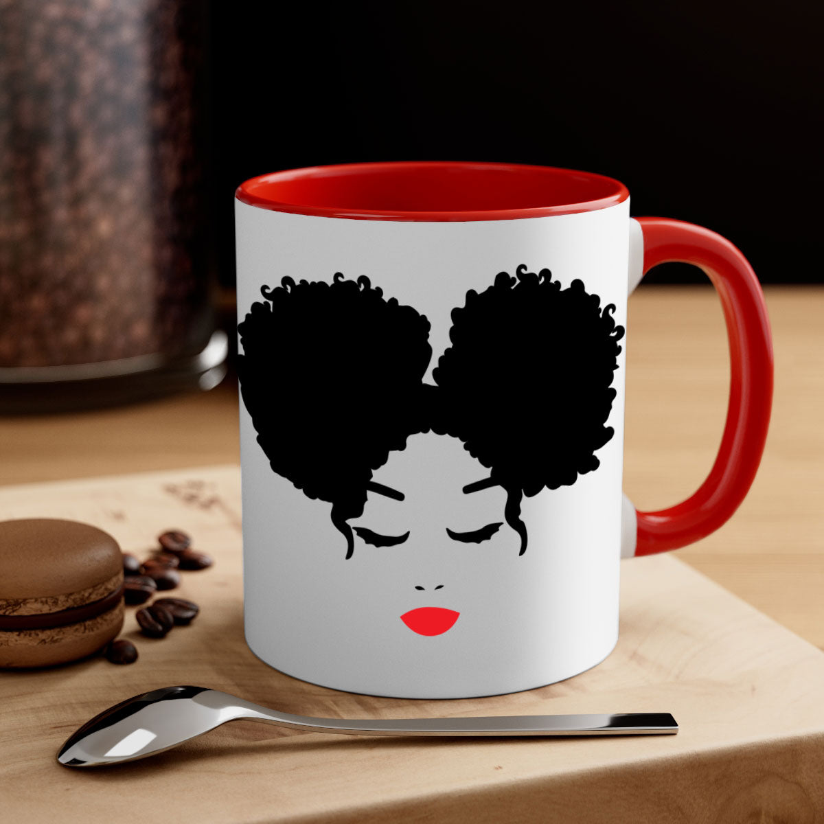 Black Woman Red Lips Mug featuring a glossy finish, colored handle, and vibrant red lips design, available in multiple colors.