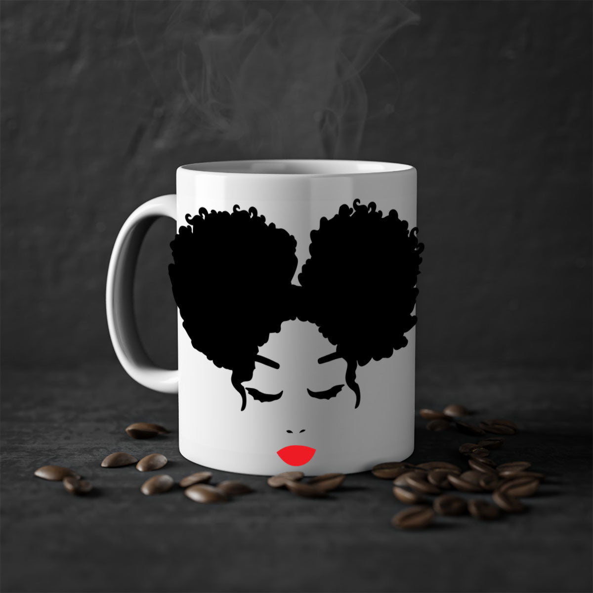 Black Woman Red Lips Mug featuring a glossy finish, colored handle, and vibrant red lips design, available in multiple colors.