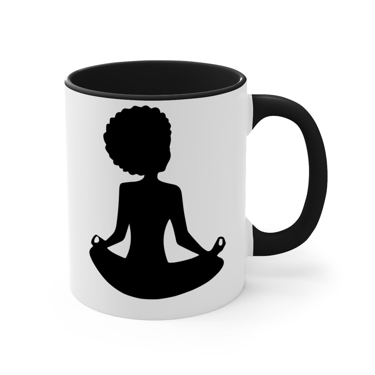 A stylish black woman sitting mug with a glossy finish, featuring a colorful handle and interior, available in multiple colors.