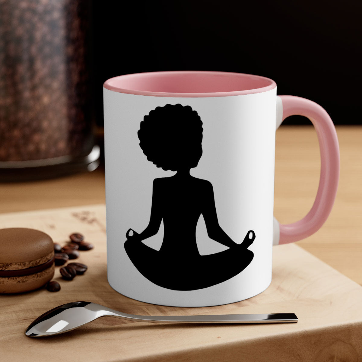 A stylish black woman sitting mug with a glossy finish, featuring a colorful handle and interior, available in multiple colors.