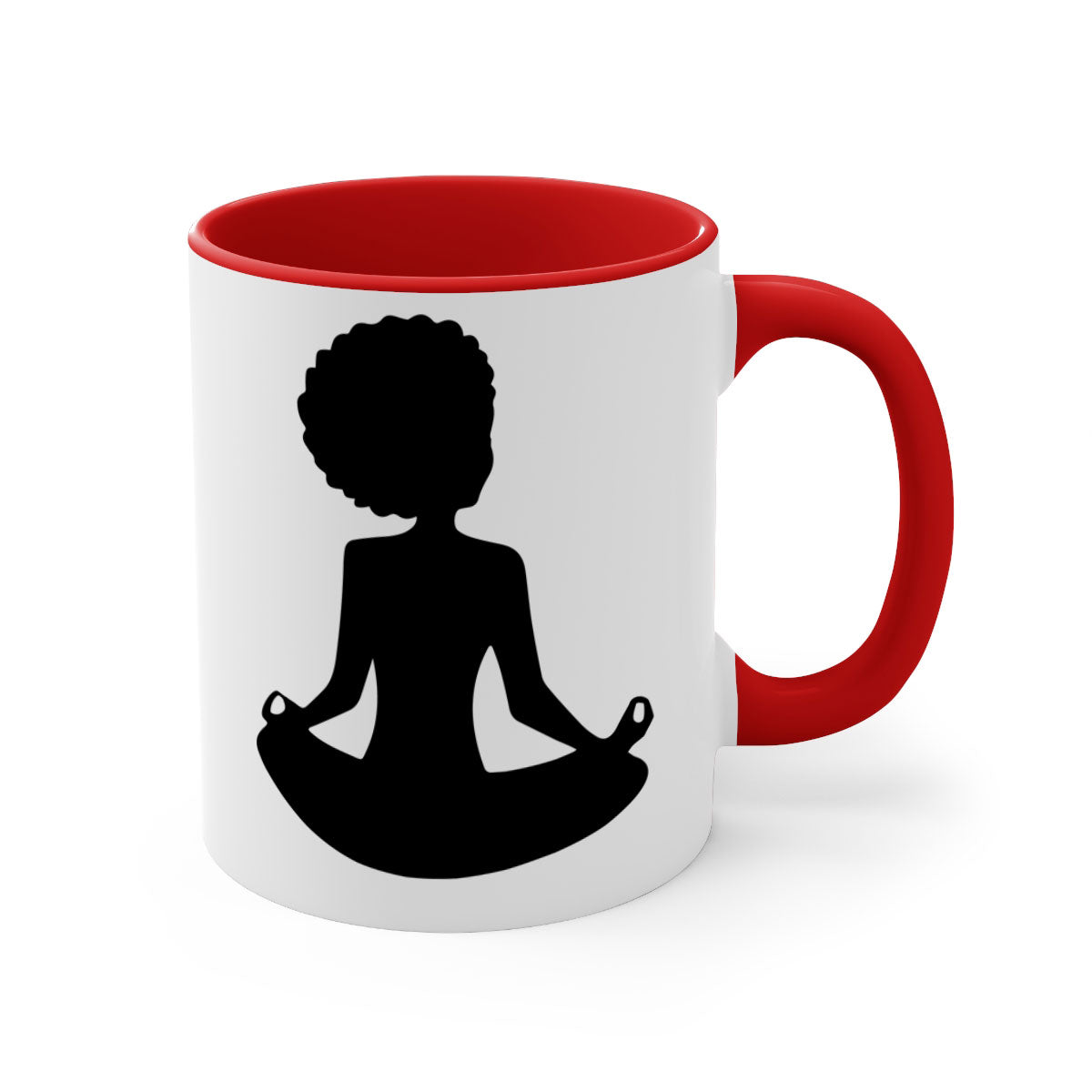 A stylish black woman sitting mug with a glossy finish, featuring a colorful handle and interior, available in multiple colors.