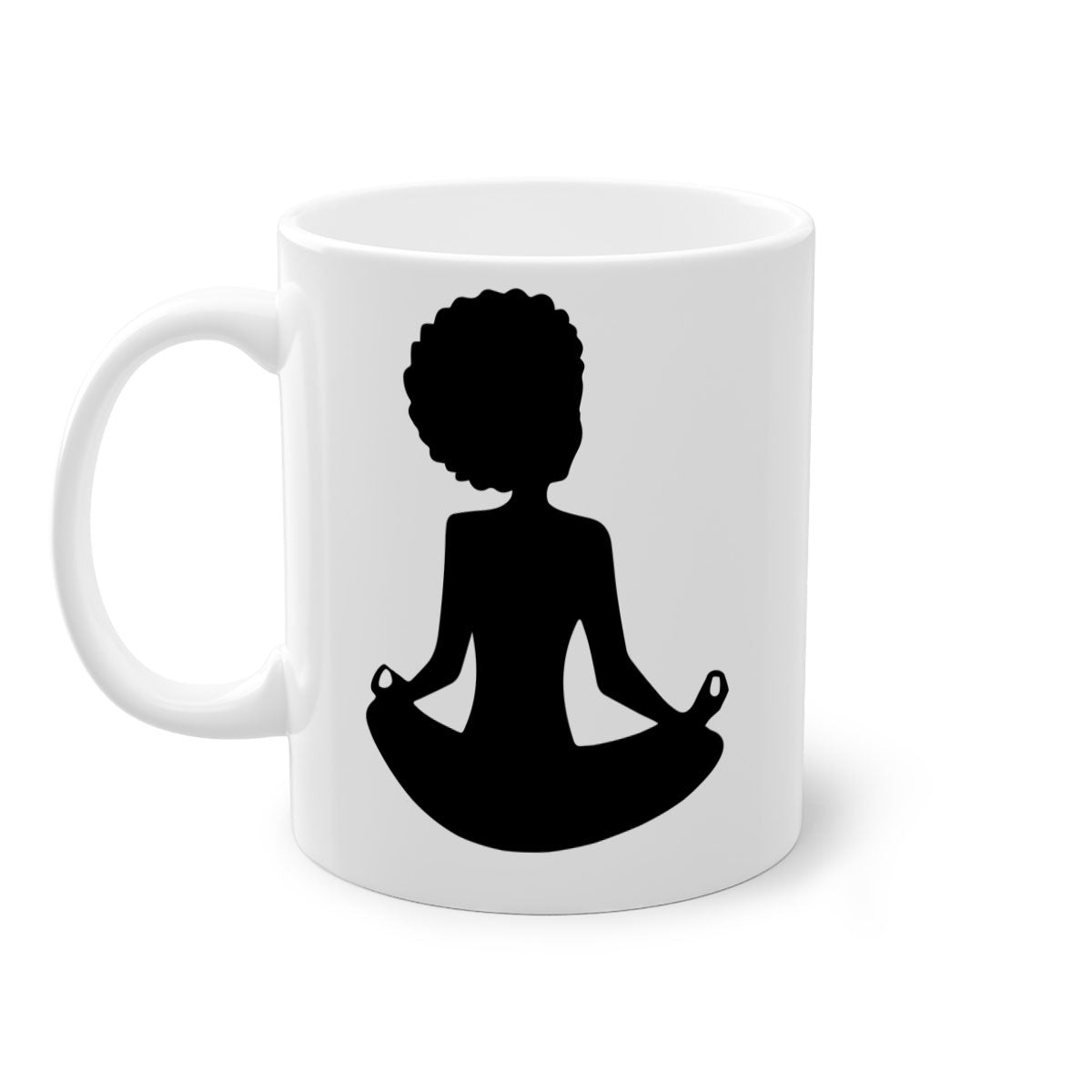 A stylish black woman sitting mug with a glossy finish, featuring a colorful handle and interior, available in multiple colors.