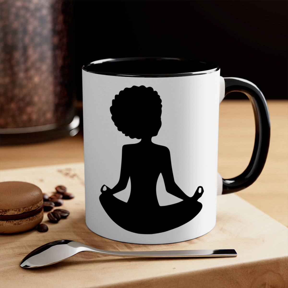 A stylish black woman sitting mug with a glossy finish, featuring a colorful handle and interior, available in multiple colors.