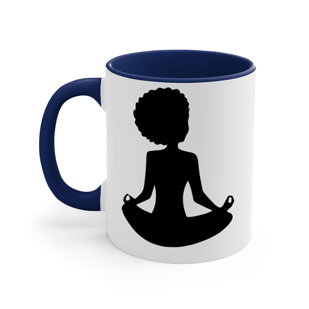 A stylish black woman sitting mug with a glossy finish, featuring a colorful handle and interior, available in multiple colors.