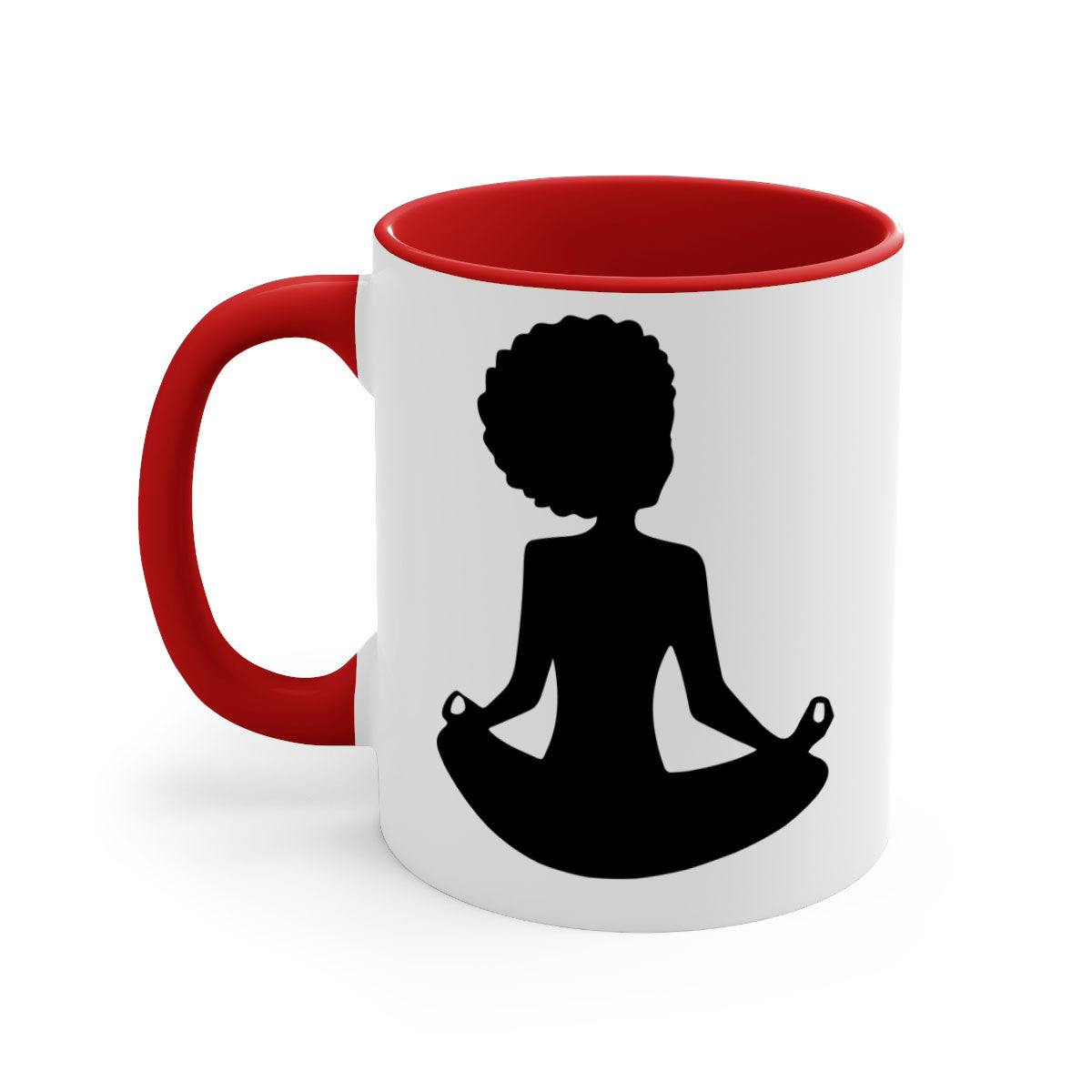 A stylish black woman sitting mug with a glossy finish, featuring a colorful handle and interior, available in multiple colors.