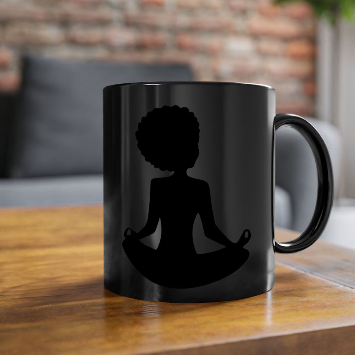 A stylish black woman sitting mug with a glossy finish, featuring a colorful handle and interior, available in multiple colors.