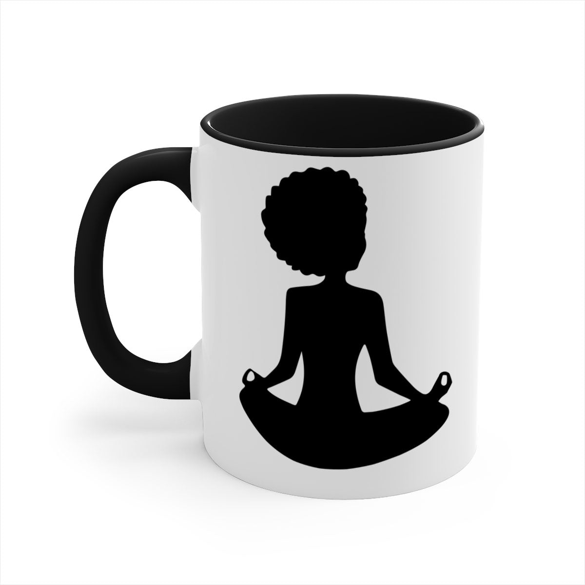 A stylish black woman sitting mug with a glossy finish, featuring a colorful handle and interior, available in multiple colors.