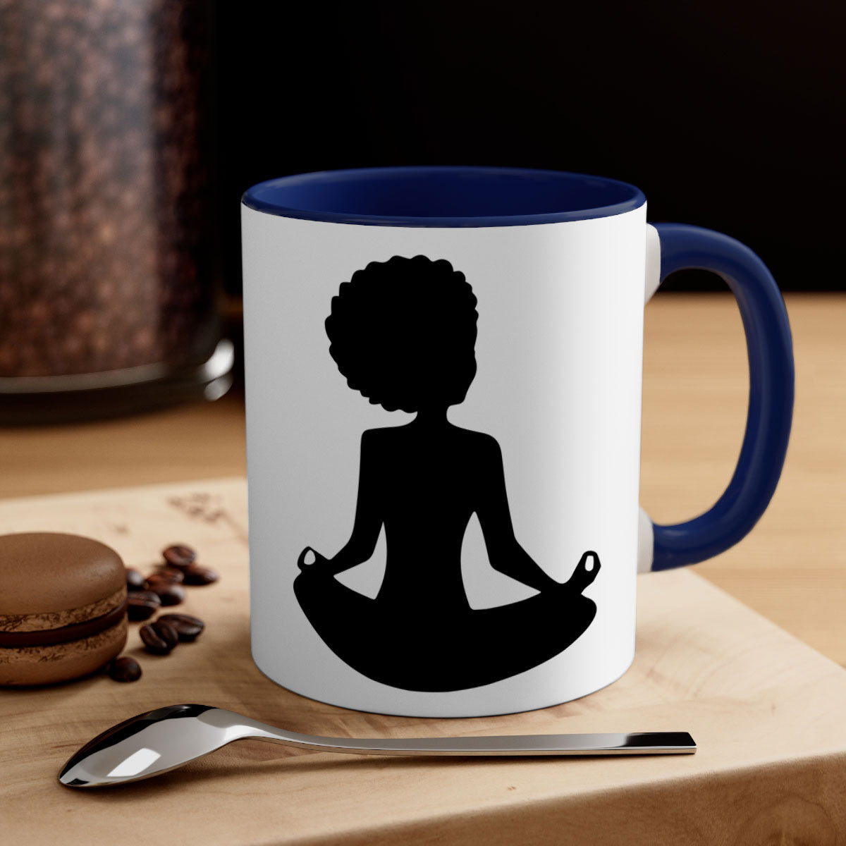 A stylish black woman sitting mug with a glossy finish, featuring a colorful handle and interior, available in multiple colors.