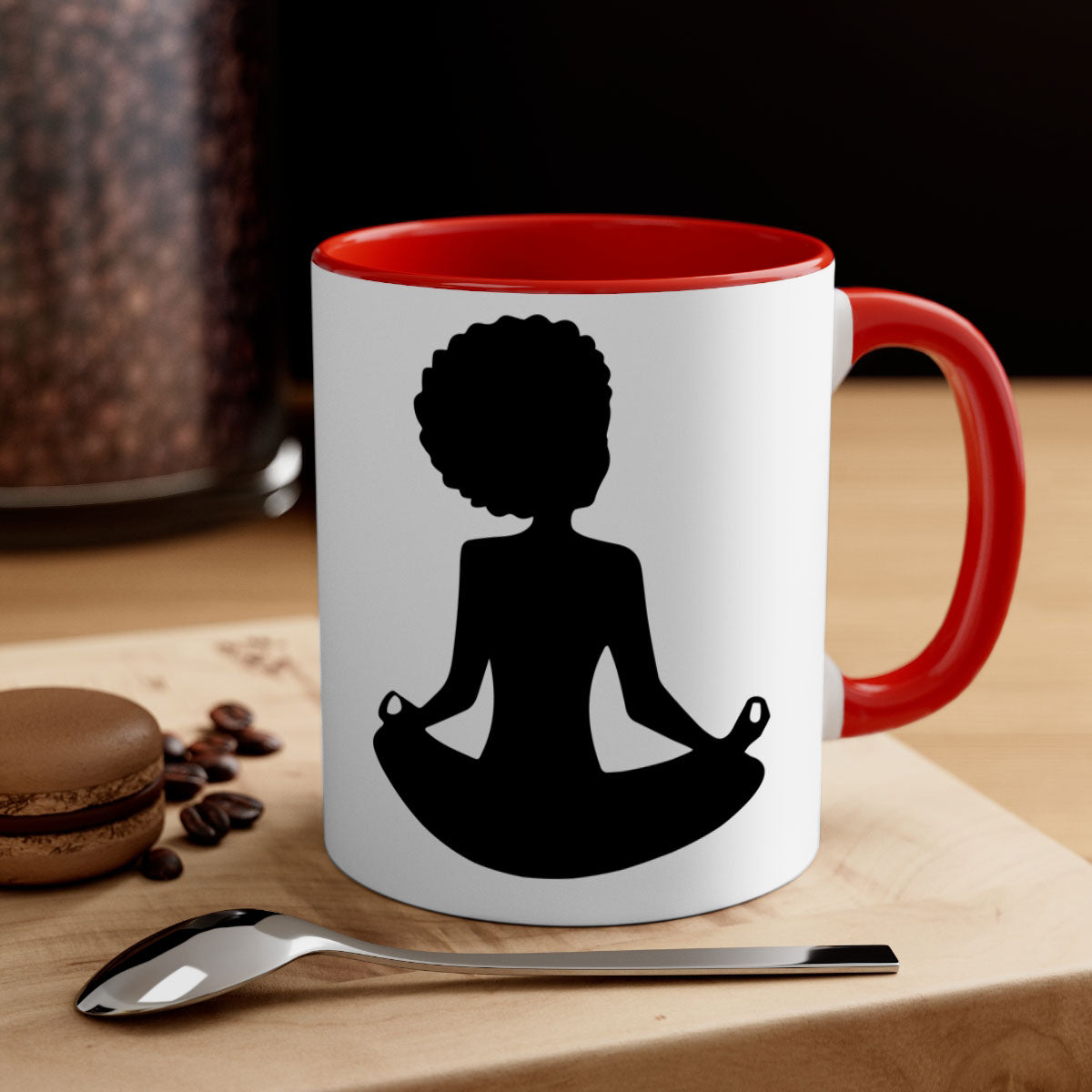 A stylish black woman sitting mug with a glossy finish, featuring a colorful handle and interior, available in multiple colors.