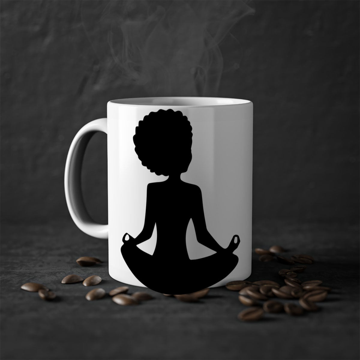 A stylish black woman sitting mug with a glossy finish, featuring a colorful handle and interior, available in multiple colors.