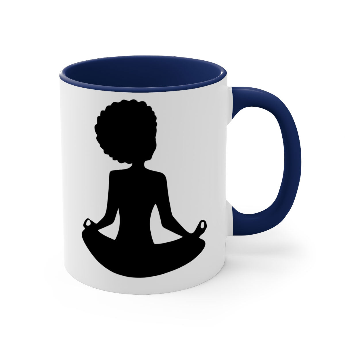 A stylish black woman sitting mug with a glossy finish, featuring a colorful handle and interior, available in multiple colors.