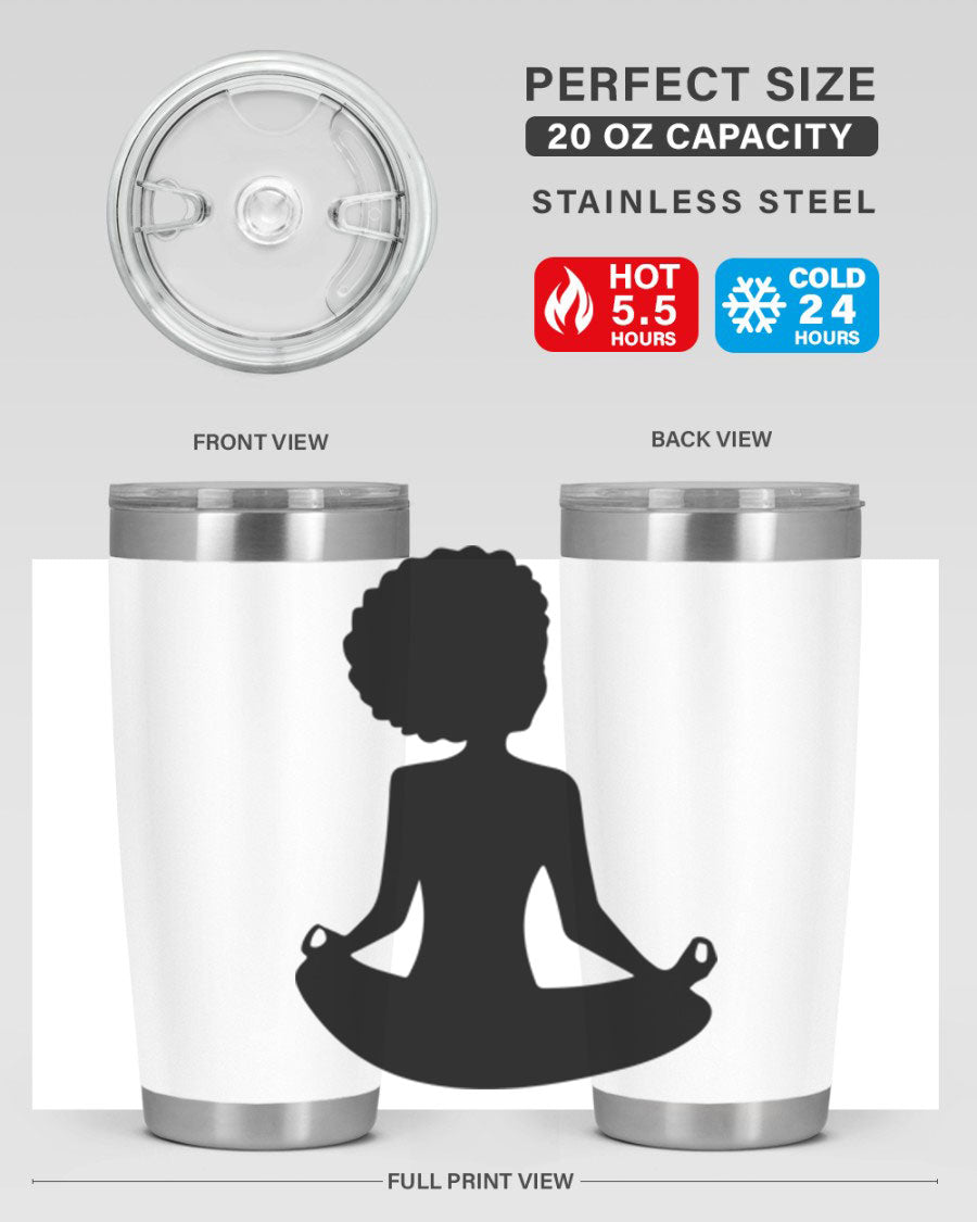 A stylish tumbler featuring a black woman sitting design, made of stainless steel with a drink-thru lid.