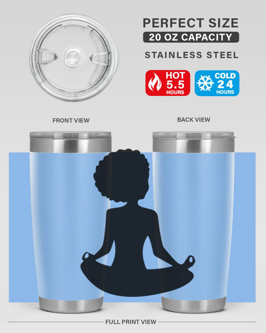 A stylish tumbler featuring a black woman sitting design, made of stainless steel with a drink-thru lid.