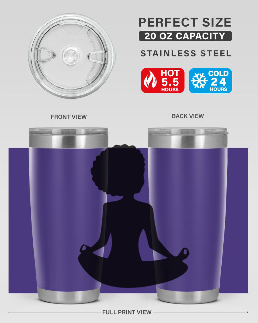 A stylish tumbler featuring a black woman sitting design, made of stainless steel with a drink-thru lid.