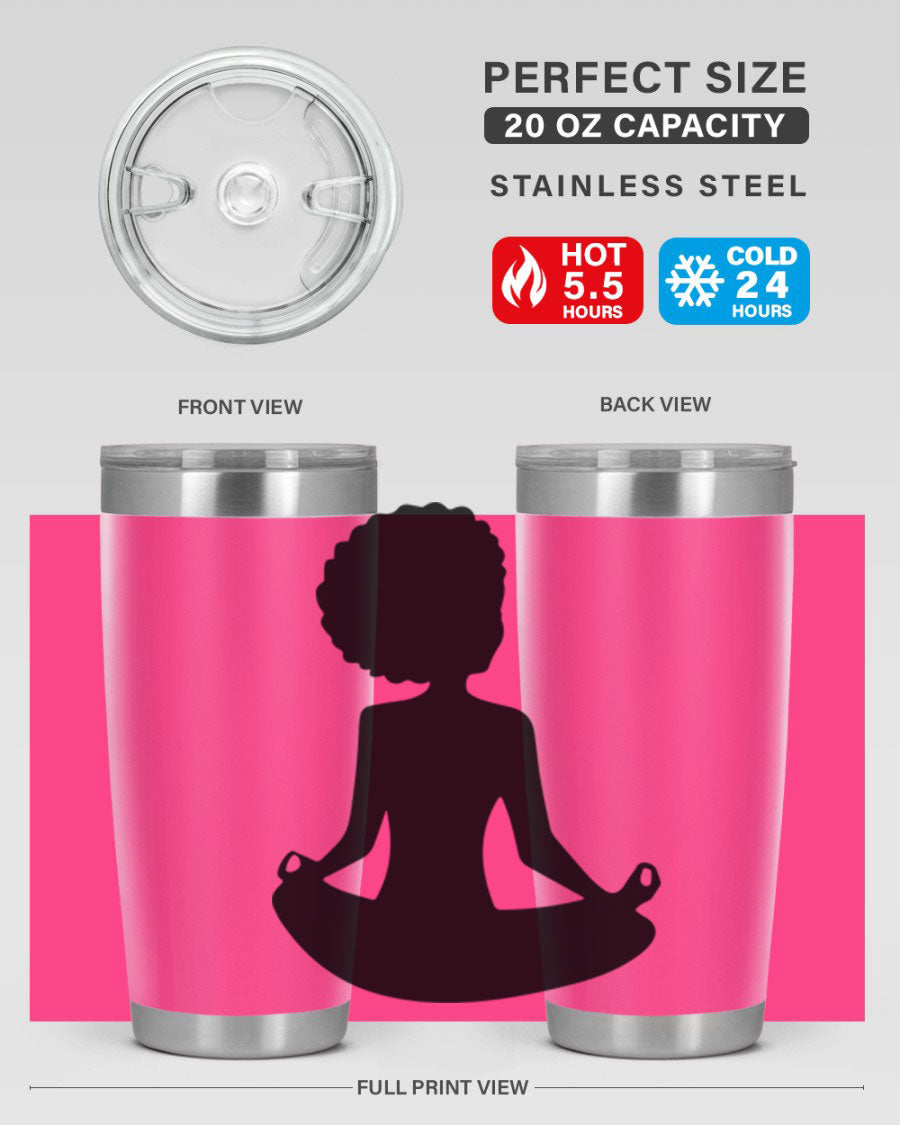 A stylish tumbler featuring a black woman sitting design, made of stainless steel with a drink-thru lid.