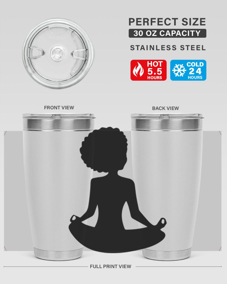 A stylish tumbler featuring a black woman sitting design, made of stainless steel with a drink-thru lid.