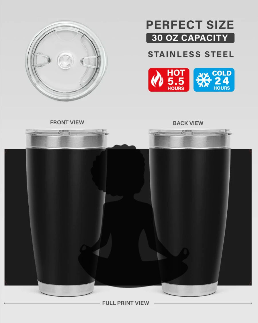 A stylish tumbler featuring a black woman sitting design, made of stainless steel with a drink-thru lid.