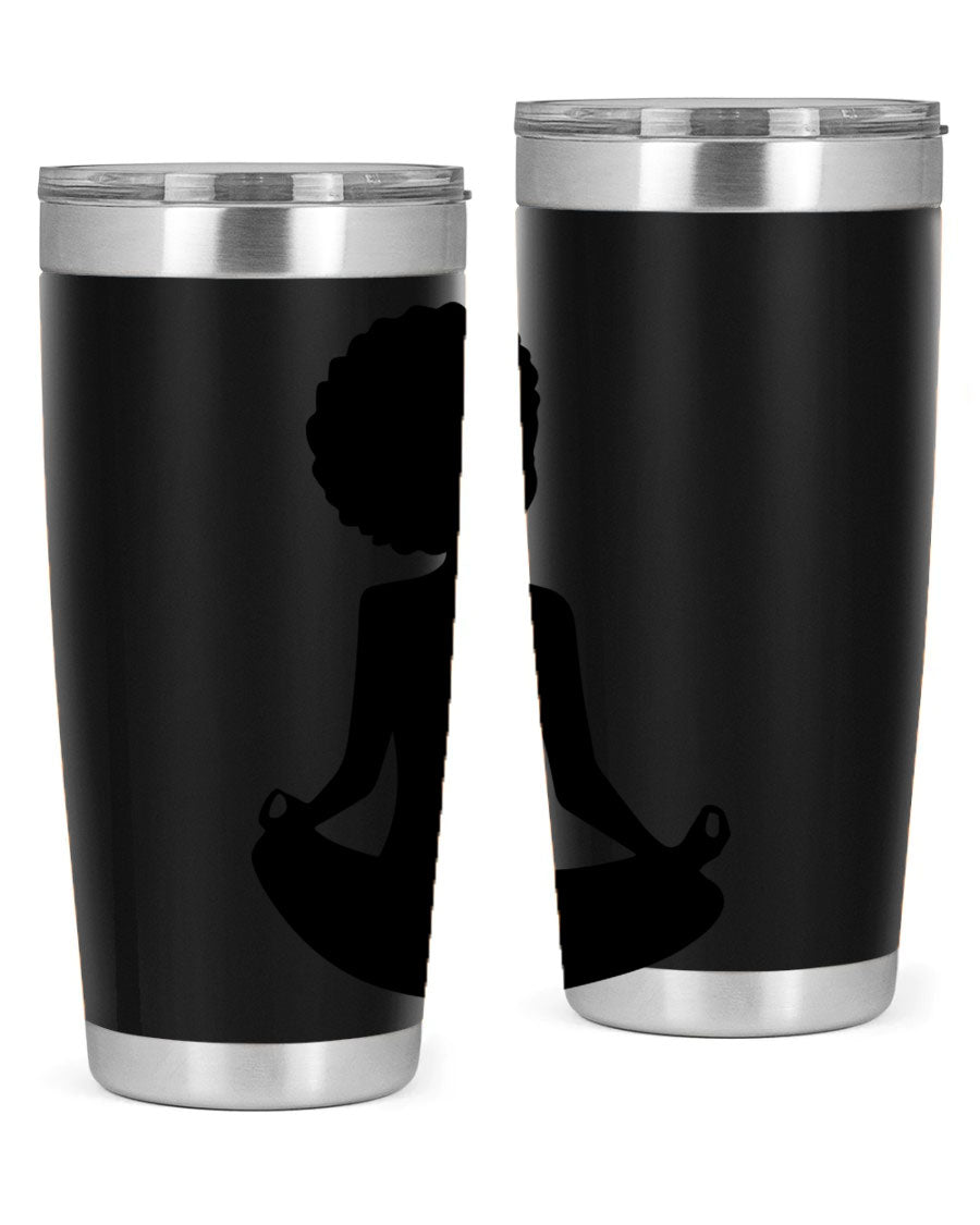 A stylish tumbler featuring a black woman sitting design, made of stainless steel with a drink-thru lid.