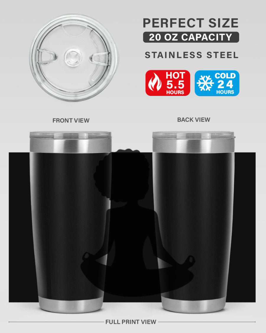 A stylish tumbler featuring a black woman sitting design, made of stainless steel with a drink-thru lid.