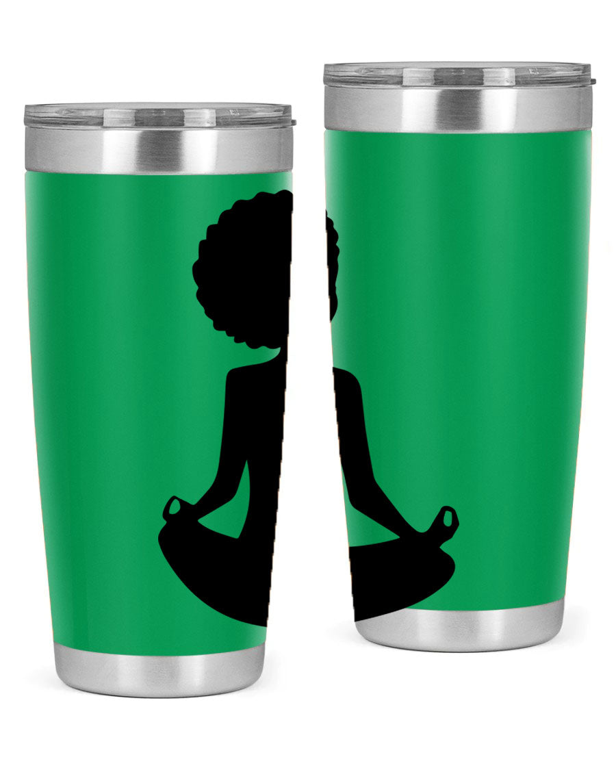 A stylish tumbler featuring a black woman sitting design, made of stainless steel with a drink-thru lid.