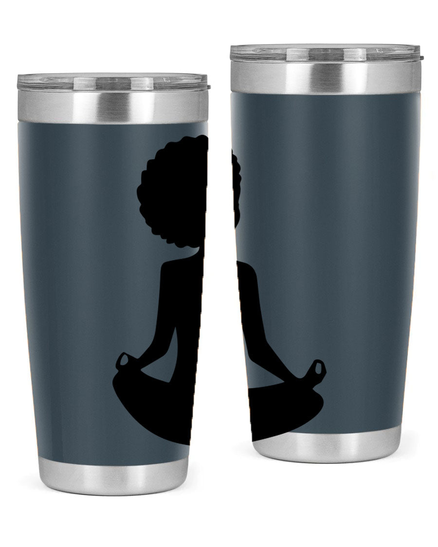 A stylish tumbler featuring a black woman sitting design, made of stainless steel with a drink-thru lid.