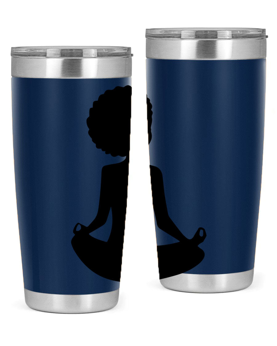 A stylish tumbler featuring a black woman sitting design, made of stainless steel with a drink-thru lid.