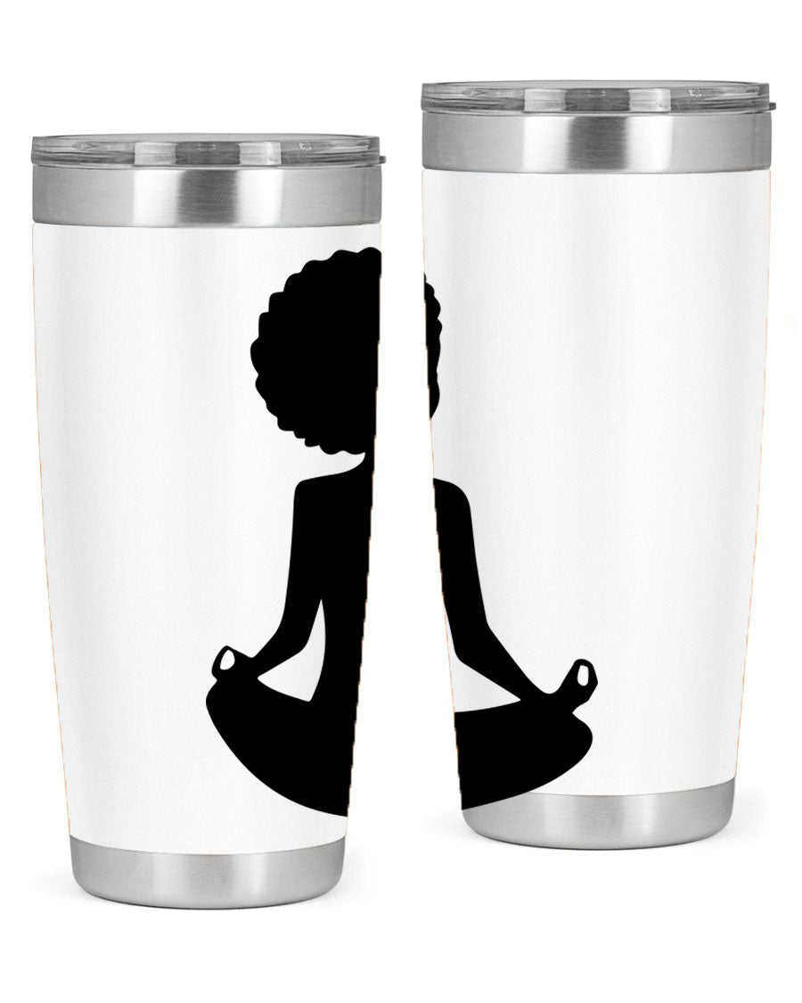 A stylish tumbler featuring a black woman sitting design, made of stainless steel with a drink-thru lid.