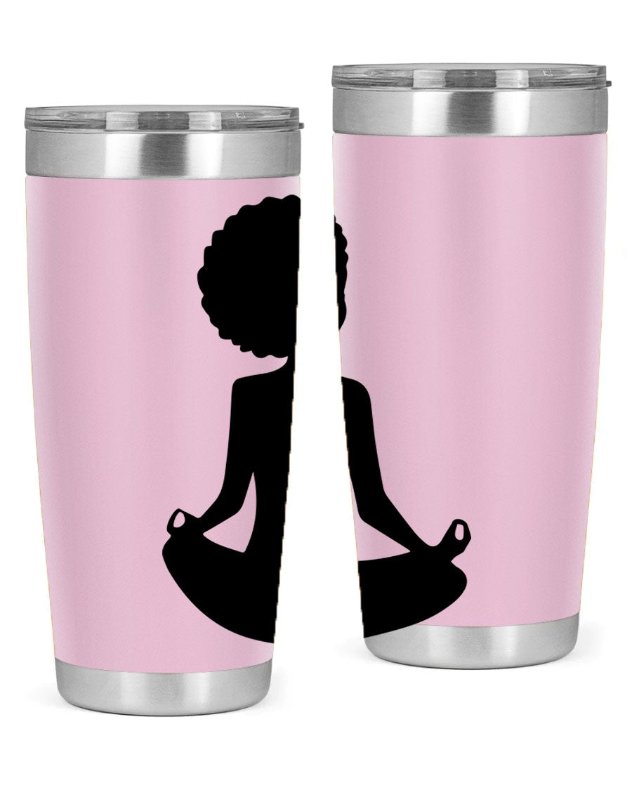 A stylish tumbler featuring a black woman sitting design, made of stainless steel with a drink-thru lid.