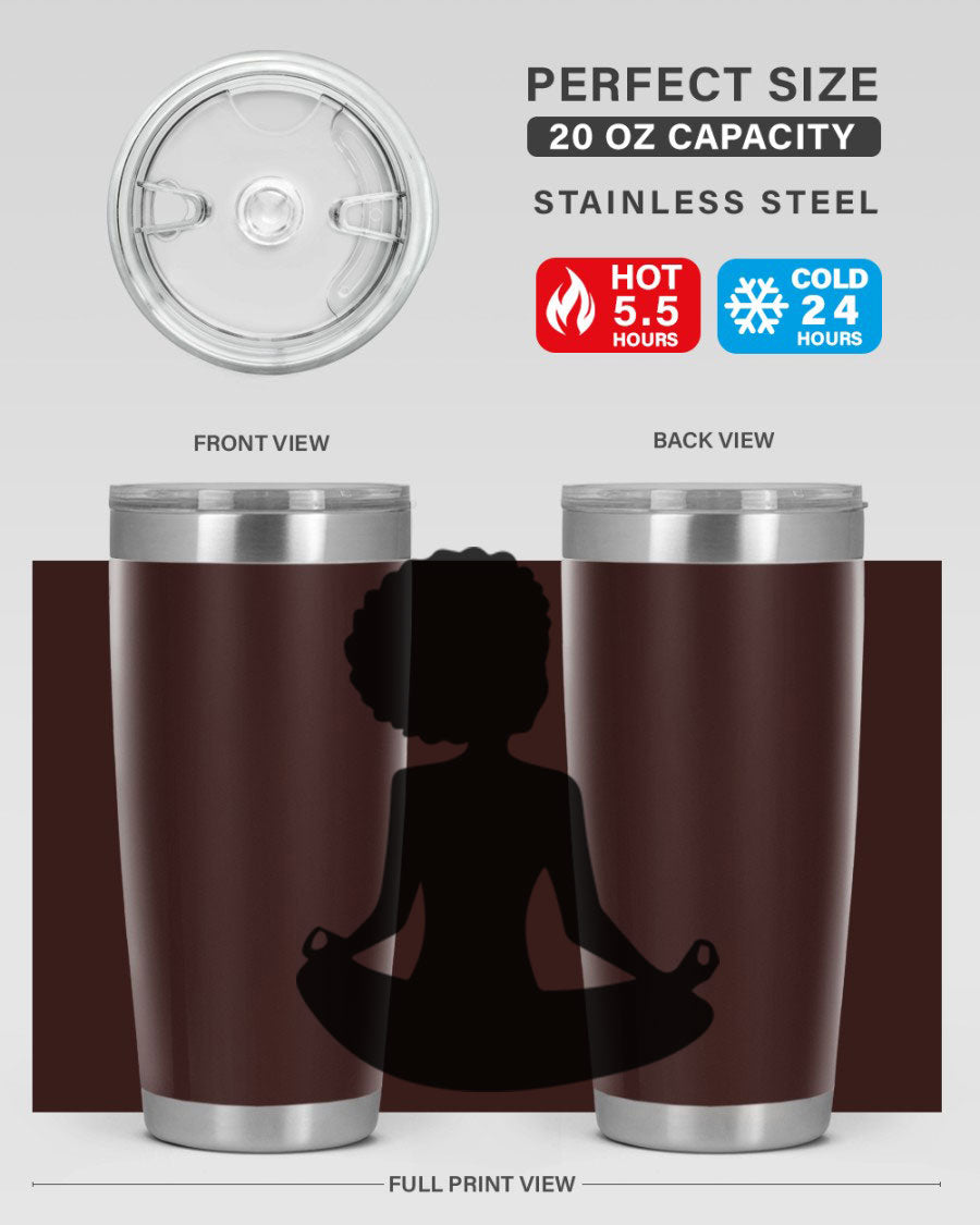 A stylish tumbler featuring a black woman sitting design, made of stainless steel with a drink-thru lid.