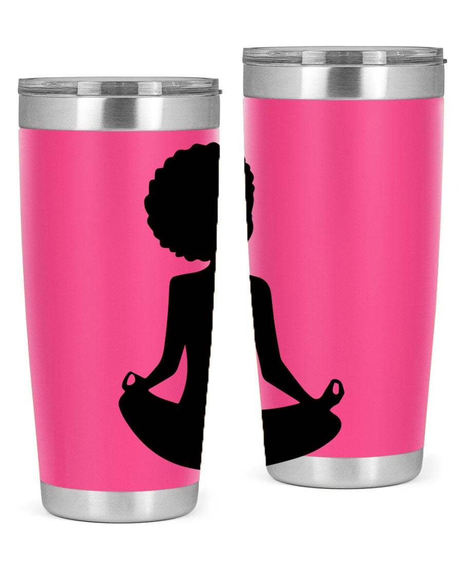 A stylish tumbler featuring a black woman sitting design, made of stainless steel with a drink-thru lid.