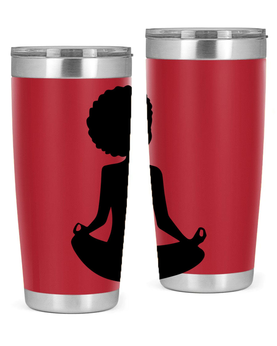 A stylish tumbler featuring a black woman sitting design, made of stainless steel with a drink-thru lid.