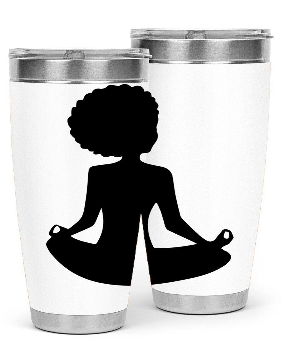 A stylish tumbler featuring a black woman sitting design, made of stainless steel with a drink-thru lid.